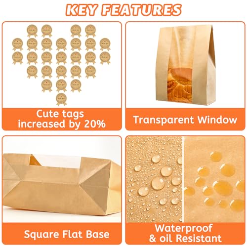 Kraft Paper Bread Bags with Window for Homemade Sourdough Bread, 50 Pack