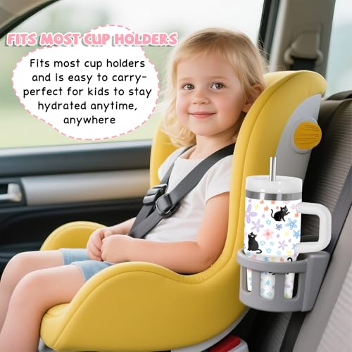 Kids Cat Tumbler with Handle and Straw - 14 oz Insulated Stainless Steel Travel Mug - Cat Lover Gift