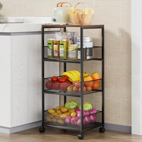 HapiRm Black 4-Tier Rolling Fruit & Vegetable Storage Cart with Wooden Top