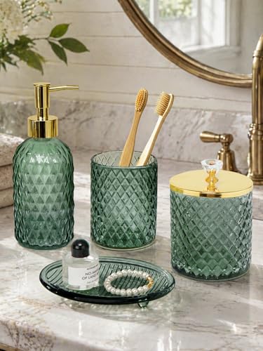 4-Piece Sage Green Glass Bathroom Accessory Set with Soap Dispenser