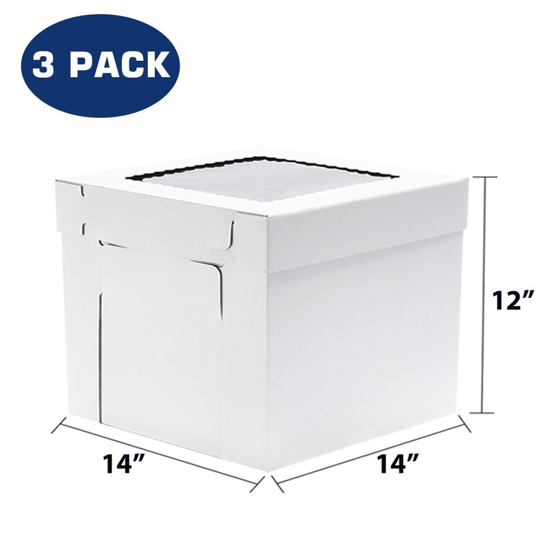 JJO Tall Cake Boxes for Tier Cakes, 14x14x12 Inches 3 Pack,Whie Cake Boxes with Window,Disposable Cake Containers, Sturdy Wedding Tall Cake Carrier