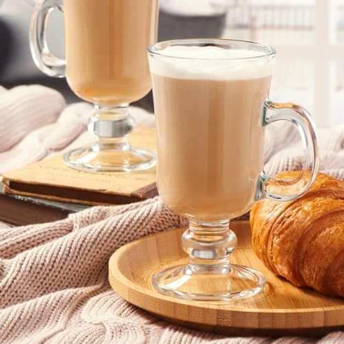 Biandeco Clear Irish Coffee Mugs Set of 2 - 8 oz Glass Hot Chocolate Cups with Handle - Footed Hot Toddy & Cappuccino Glasses