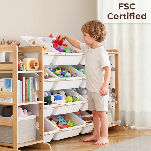 Wooden Kids Toy Storage Organizer with Bookshelf & 12 Removable Bins