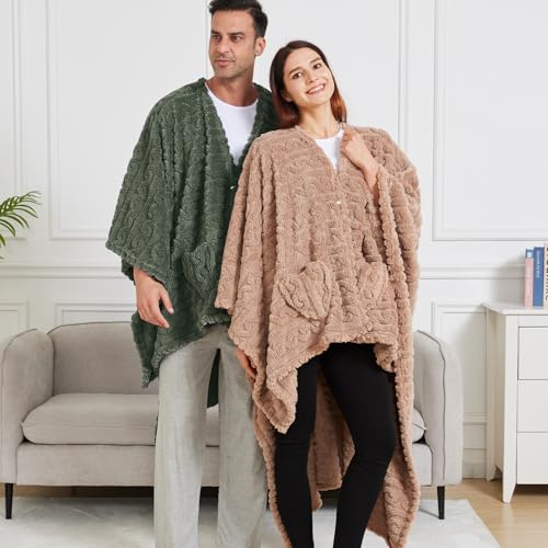 Wearable Blanket Poncho with Pockets, Soft Sherpa Fleece Shawl Wrap