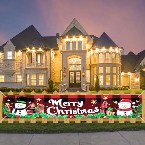 IVN Merry Christmas Snowman Plaid Banner 118 x 20 Inch - Snowman Plaid Variant