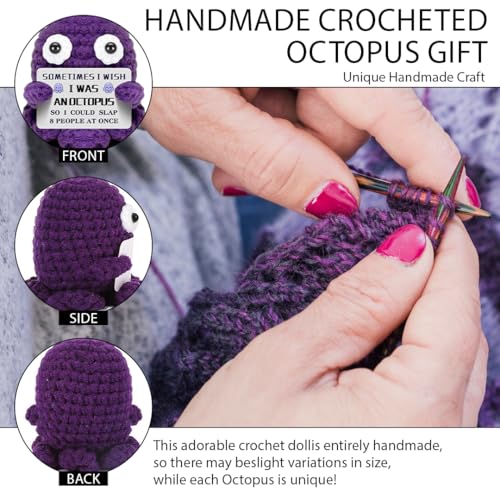 Mini Crochet Octopus Desk Decor with Motivational Card, Purple Gift