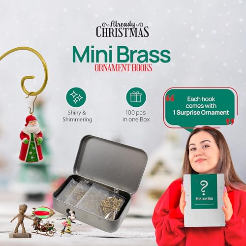 Gold Brass Miniature Christmas Ornament Hooks - Set of 100 with Storage Tin