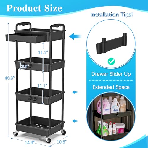 4-Tier Rolling Utility Cart with Drawer, Hooks & Lockable Wheels