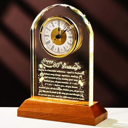 80th Birthday Glass Desk Clock with LED Light Base - Milestone Keepsake Gift