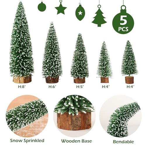 AerWo 5Pcs Mini Flocked Bottle Brush Christmas Trees with Wooden Bases