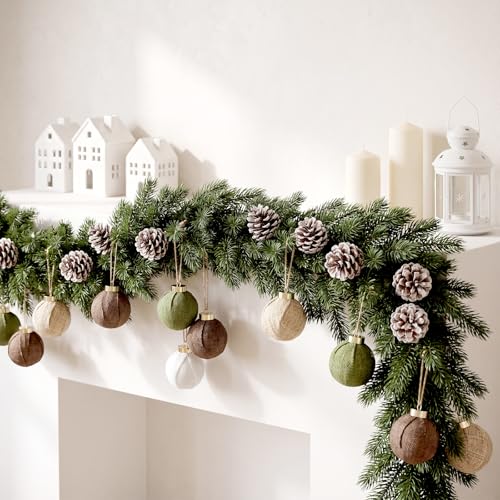 Rustic Burlap Christmas Ornaments Set - 12 Neutral Farmhouse Tree Decorations, Green, Beige, White, Brown