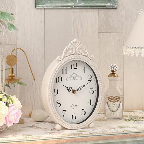 Vintage French Rustic Table Clock, Silent Quartz Mantel Desk Clock