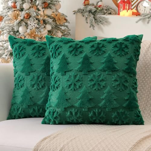 OTOSTAR 2-Pack 16x16 Inch Christmas Tree Snowflake Throw Pillow Covers - Faux Fur Green