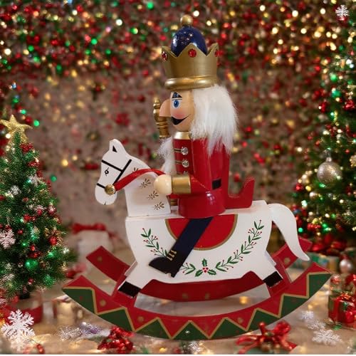 Hand-Painted Wooden Nutcracker Rocking Horse Soldier Figurine - Red, 10-Inch