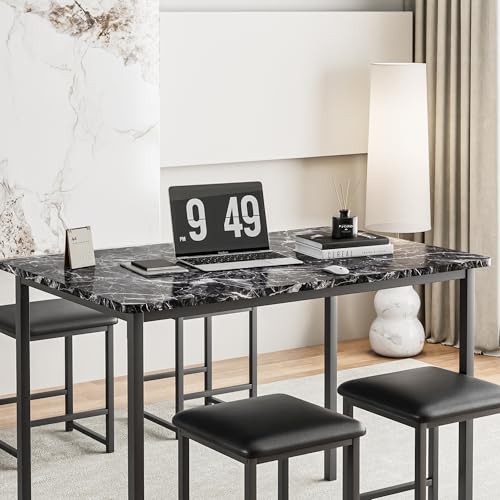 5-Piece Dining Table Set for 4, Marble Top Table with Faux Leather Stools