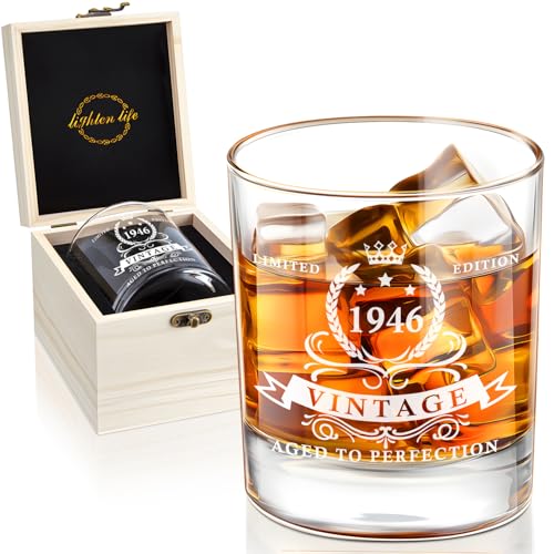 80th Birthday Whiskey Glass for Men 12oz 1946 Gift in Wooden Box - LIGHTEN LIFE 80th