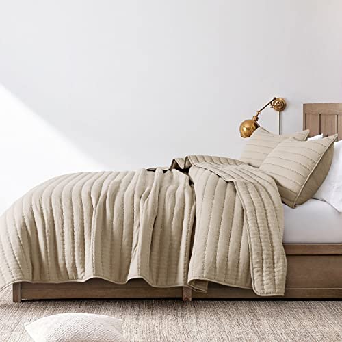 Beige Quilted Twin Size Quilt Set - Lightweight All-Season Bedding