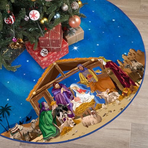 48 Inch Blue Christmas Tree Skirt with Nativity Scene - Christain Holiday Decor
