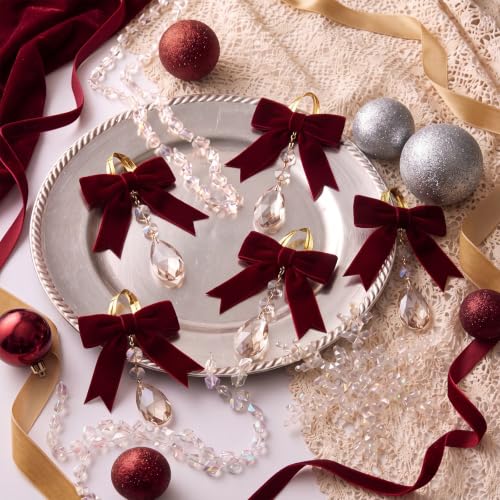 Riceshoot 12 Pcs Burgundy Velvet Bow & Crystal Christmas Ornaments (Variation: Burgundy)