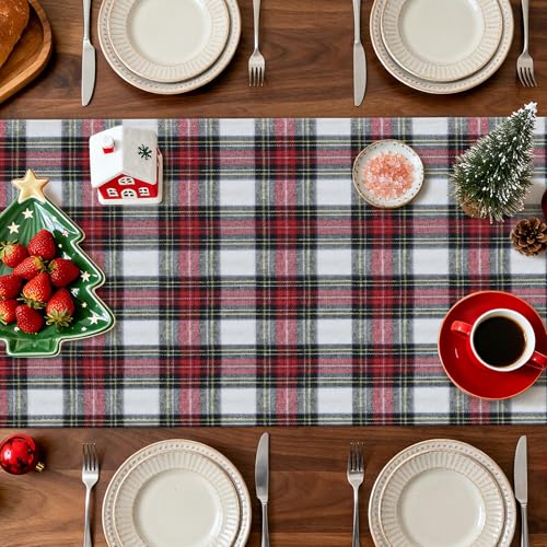 OTOSTAR Red & White Scottish Plaid Christmas Table Runner 13x60 Inch