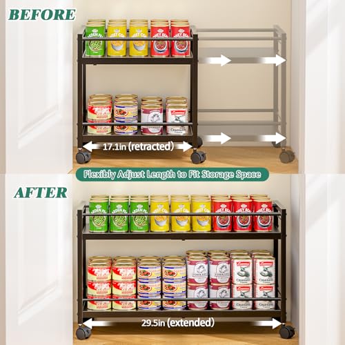 2-Tier Expandable Rolling Pantry Cart with Wheels - Adjustable Storage Cart