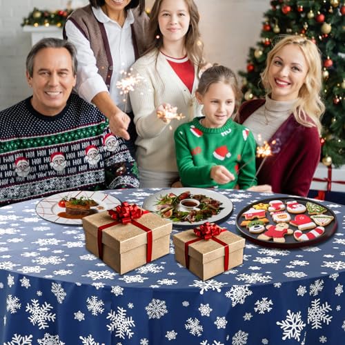 Blue Snowflake Round Tablecloths 84 Inch | 10 Pack Disposable Waterproof Plastic