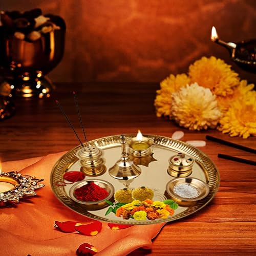 Brass Puja Thali Set - 8.75 Inch Aarti Thali with Diya and Bell for Home Mandir
