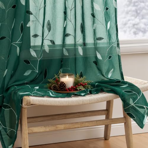 MIULEE Hunter Green Leaf Pattern Sheer Curtains 52x84 in | Set of 2