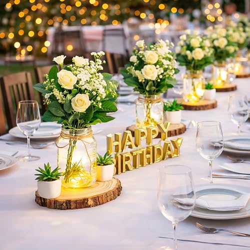 Honeydak 24-Piece Mason Jar Centerpieces Set – 24 Clear Jars, 24 Wood Coasters & 65.62 ft Jute Rope