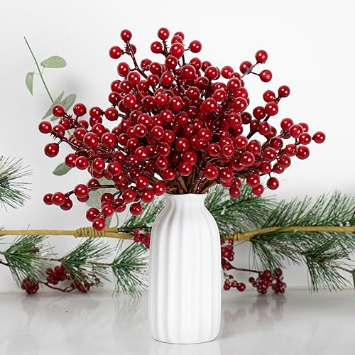 LLZLL Red Artificial Holly Berry Stems 6.5 Inch Christmas Tree Decorations, Pack of 32
