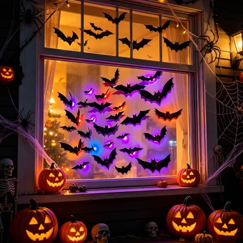DR.DUDU 36 Pack Light-Up Halloween 3D Bats Wall Decor with Flashing LED