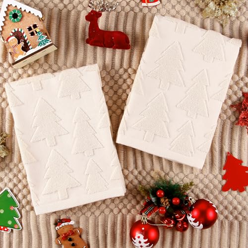 Christmas Tree Beige Hand Towels Set - Holiday Decorative Kitchen & Bathroom Towels - 2 Pack