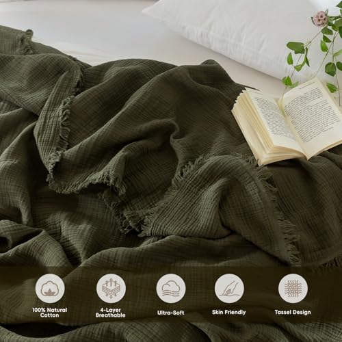 100% Cotton Muslin Blanket - Soft Lightweight 4-Layer Throw, Olive Green, 108" x 98"