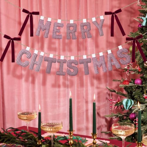 Merry Christmas Banner with Gingham Pattern - Pre-Strung Burgundy Garland, 3D Cotton Decor