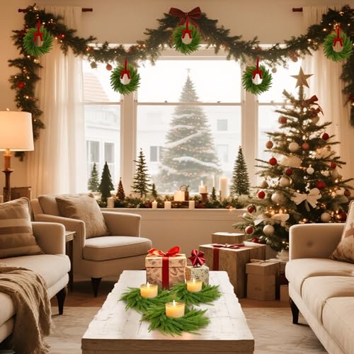 6-Piece Mini Christmas Norfolk Pine Wreaths with Bows, 7.9-Inch Candle Rings