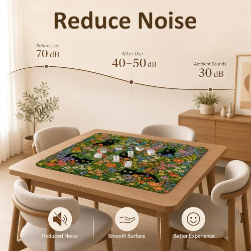 Floral Black Cat Mahjong Mat 31.5" x 31.5" - Non-Slip Noise-Reducing Cover