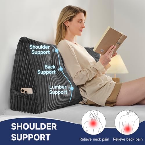 Triangular Wedge Backrest Pillow with Roll Cushion - Twin Size, Grey