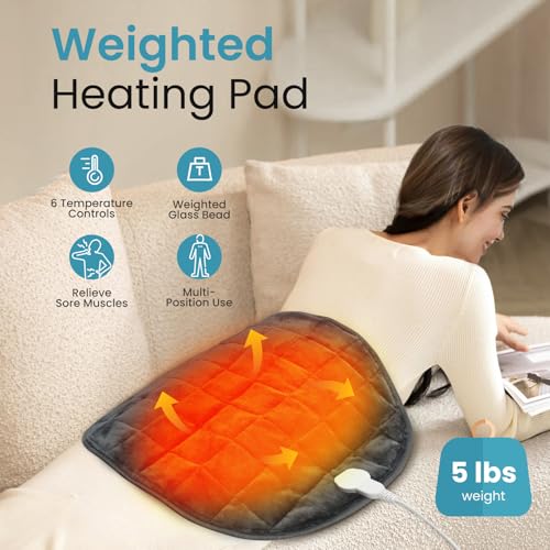 5lbs Weighted Heating Pad with 6 Heat Settings & Timer - Grey