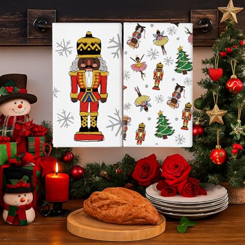 Christmas Kitchen Towels Set of 2 - Black Nutcracker & Santa Holiday Dish Towels
