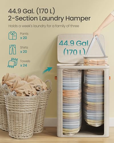 SONGMICS 44.9 Gal. 2-Compartment Laundry Hamper with Lid and Removable Liners, Cappuccino Beige