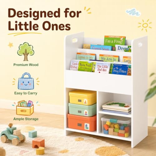 Kids Bookshelf and Toy Organizer, Front-Facing Wooden Storage Rack