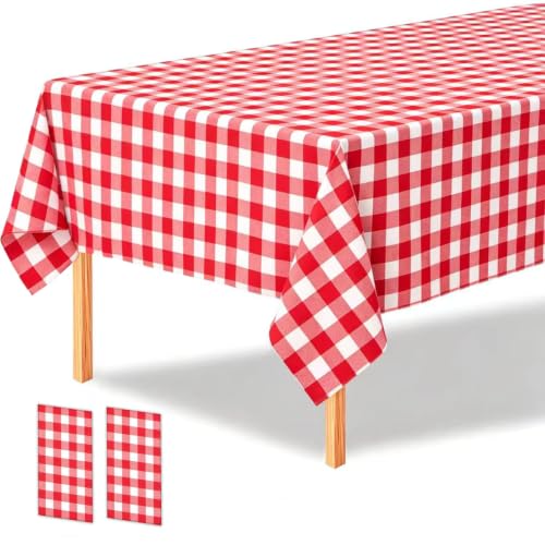 Red Checkered Plastic Tablecloth 54 x 108 Inches - 2 Pack Disposable Gingham for Parties