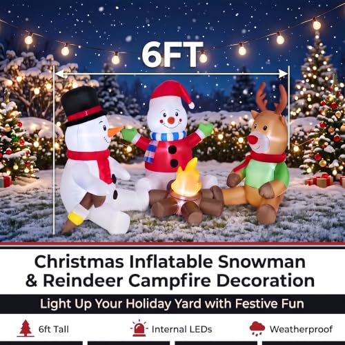 Red 6FT Christmas Inflatable Snowman & Reindeer with Fire Pit - Kendane