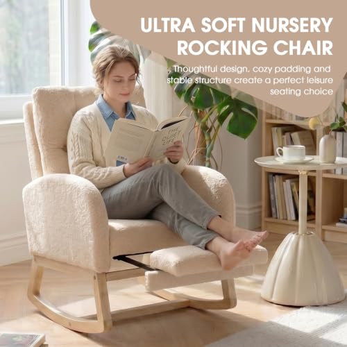 Upholstered Nursery Rocking Chair with Ottoman, Beige Teddy Fabric
