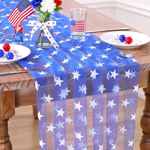 Fanqisi White Star Patriotic Table Runner 29x120 Inch, 2 Pcs 4th of July USA Flag Decor
