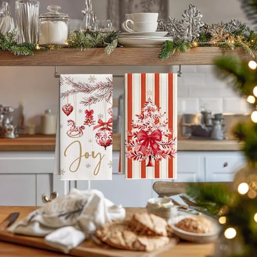 Artoid Mode Red Stripe Xmas Tree Ornament & 12x24 Inch Microfiber Kitchen Towels Set of 4