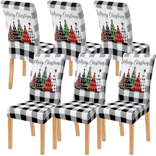 Moukeren 6 Pcs Christmas Chair Covers Buffalo Plaid Trees,Black and