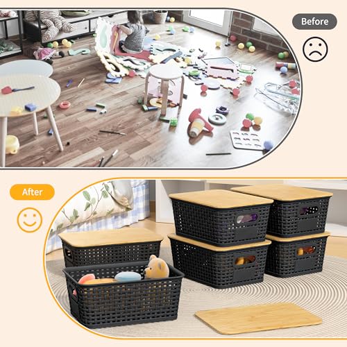 Plastic Storage Baskets with Bamboo Lids and Labels 6-Pack