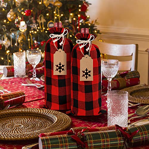 SULOLI 12-Piece Christmas Burlap Wine Bags with Drawstring, 24 Gift Tags & 16.4 ft Rope—Buffalo Plaid