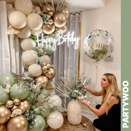 PartyWoo Sage Green Balloons 66-Piece Garland Kit with Gold and Sand White